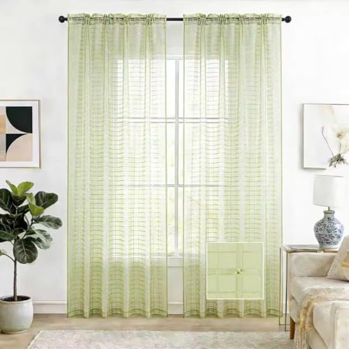 Check Sheer Curtains 63 Inches 2 Panels Set (Check - Sage Green / 52"W x 63"L (Pack of 2))