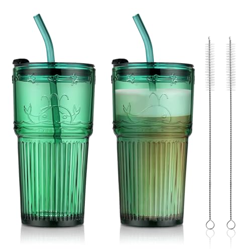 Green Glass Tumbler with Lid and Straw (Green-3)