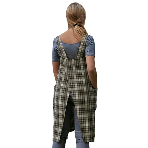 Women's Pinafore Square Apron Baking Cooking Gardening Works Cross Back Cotton (XX-Large / Gingham-black)