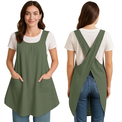 Apron for Women with Pocket Cotton Linen (Darkgreen)