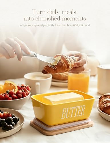 Ceramic Butter Dish with Lid and Knife Silicone Seal for Countertop Yellow (Yellow)