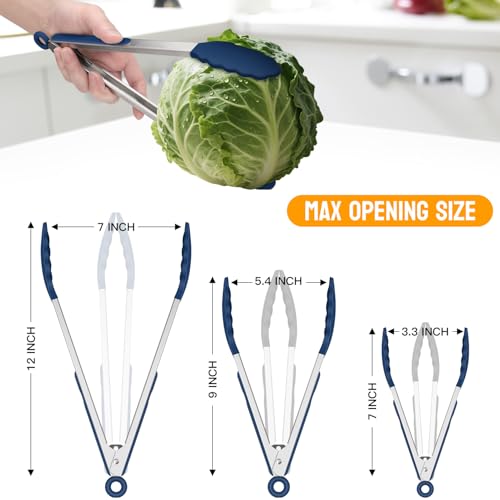 Stainless Steel Kitchen Tongs with Silicone Tips (Classic Blue:12+9+7inch)
