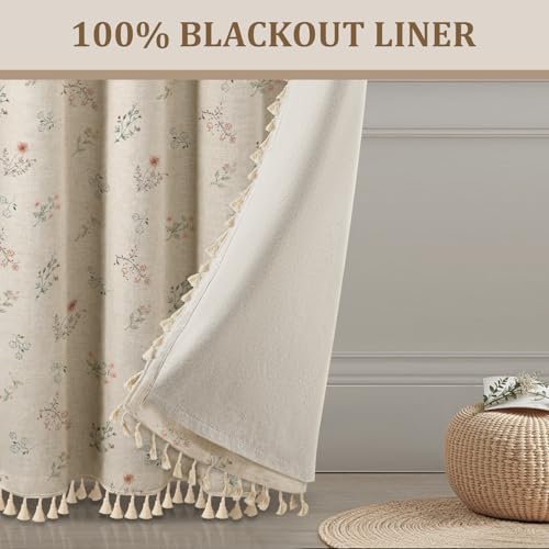 Boho Floral 100% Blackout Curtains 72 Inch 2 Panels Linen Texture (Blackout Vintage Florals / 52"W x 72"L (Pack of 2))