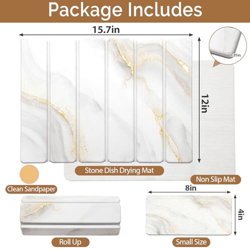 Small Stone Dish Drying Mat for Kitchen Counter (Gold White / 16" x 12")