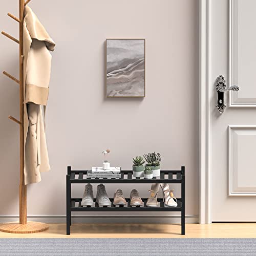2 Tier (Thick) Bamboo Shoe Rack for Closet Free Standing Wood Shoe Shelf for Entryway Small Space Stackable 27"x12"x14" (Black) (Black / 2 Tier(Thick))