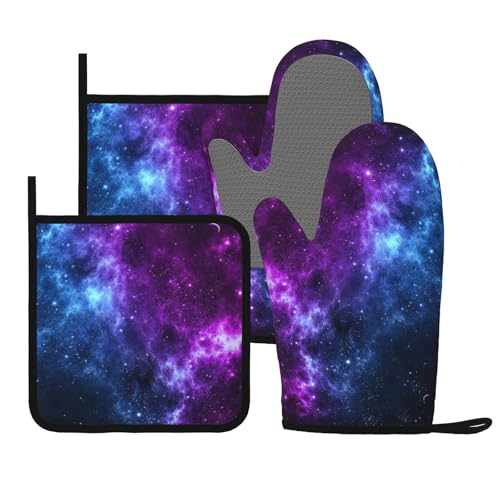 Cool Blue Purple Galaxy Oven Mitts and Pot Holders Sets of 4 (Cool Blue Purple Galaxy)