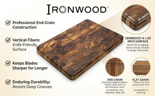 Large End Grain Prep Station Acacia Wood Cutting Board (20"L x 14"W)