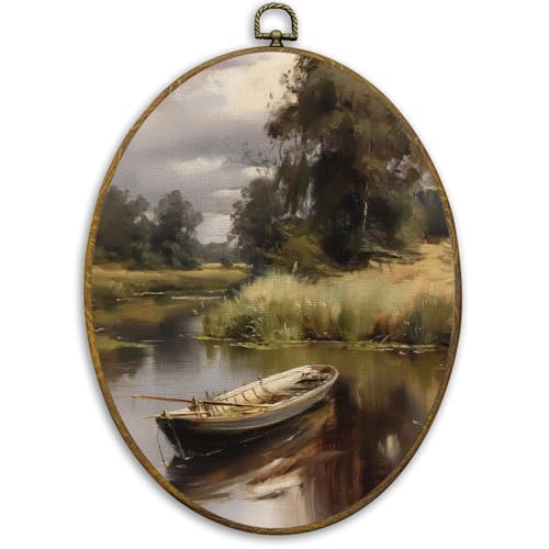 Vintage Rustic Lakeside Boat Oval Wall Art Decor (Colour 27)