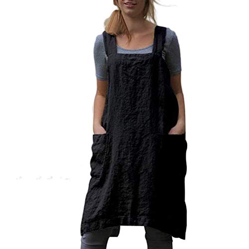 Japanese Pinafore Apron Smock Cotton Apron with Pockets Plus Size Aprons for Women (Black / 3X-Large)
