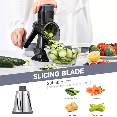 Rotary Cheese Grater with Handle Kitchen Shredder Slicer Grater Slicer Ice Shaver Cheese Vegetable Nuts Potato Zucchini Chocolate 3 Interchangeable Blades (9.06"L x 4.33"W x 9.07"H / Dark Grey TSP)