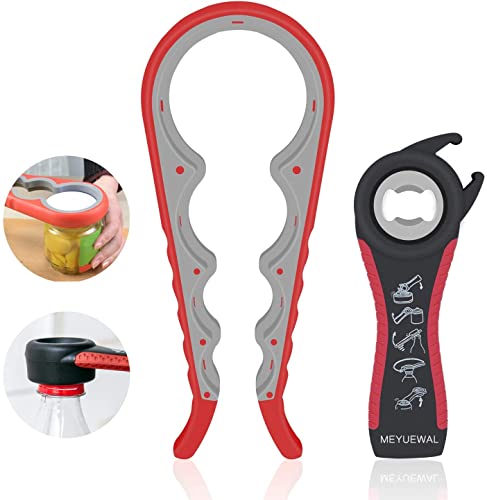 Jar Opener 5 in 1 Multi Function Can Opener Bottle Opener Kit with Silicone Handle Easy to Use for Children (Apple Red)