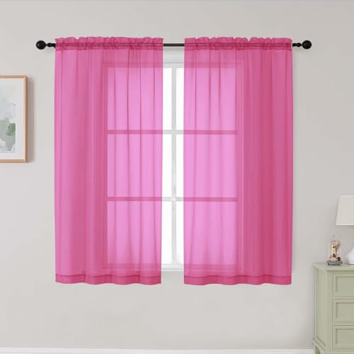 Hot Pink Sheer Curtains for Bedroom Living Room 45 Inch Length 2 Panels (Hot Pink / 42"W x 45"L (Pack of 2))