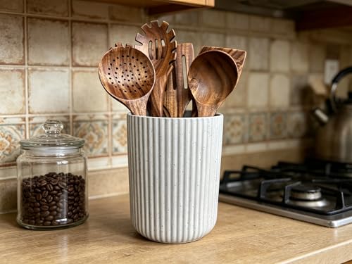 Large Stoneware Kitchen Utensil Holder for Kitchen Counter & Countertop Cooking Utensil Holder Spatula Holder Utensil Crock for Kitchen Counter Vertical Ribbed Fluted Stripe (Speckled White)