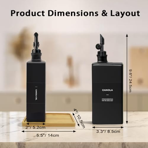 Olive Oil Dispenser Bottle for Kitchen with Bamboo Tray (Black / 16.9oz, Set of 2)