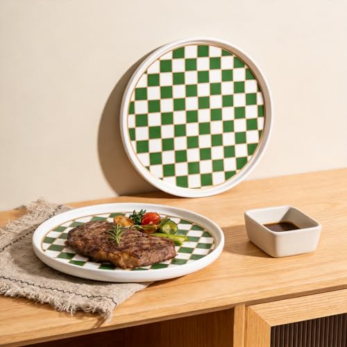 Ceramic Checkered Serving Plate with Gold Accent (Green)