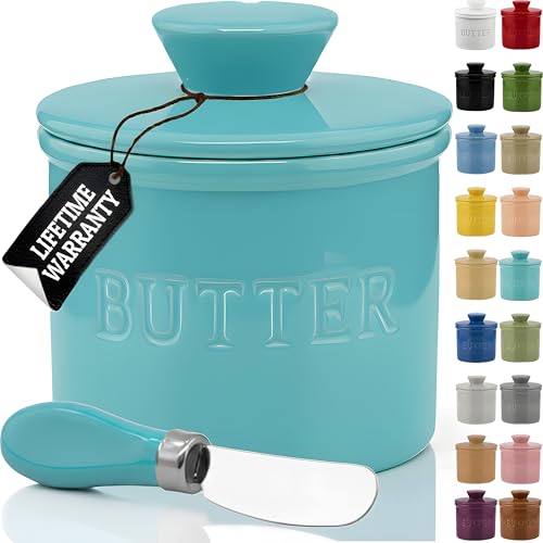 Butter Crock with Lid for Countertop with Spreader Knife and Water Line (Cool Green / Regular)