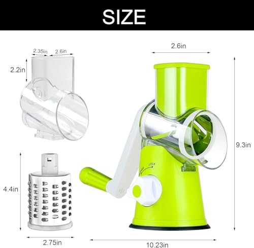 Rotary Cheese Grater Hand Crank Cheese Shredder for Fresh Cheese (3 BLADES / Green)