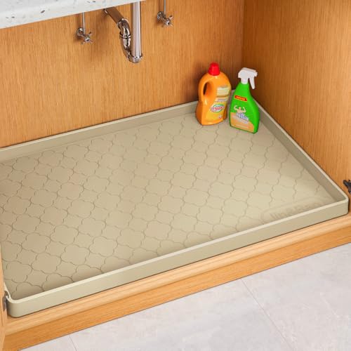 Under Sink Mat 31" x 22" Waterproof Silicone Cabinet Kitchen Liner (Beige / 22"w x 31"l)