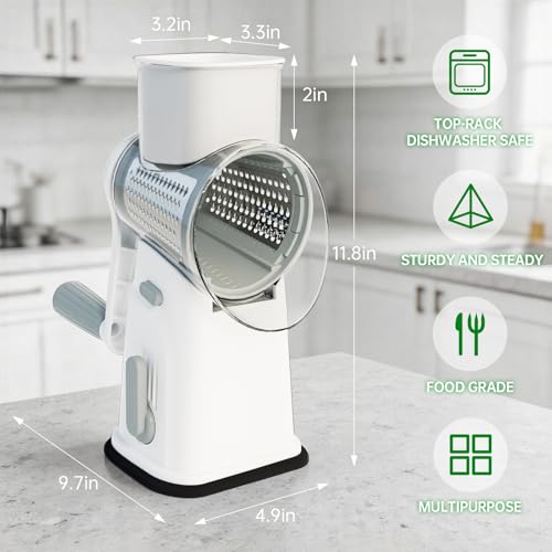Rotary Cheese Grater Cheese Shredder with 5 Interchangeable Blades (Cream White)