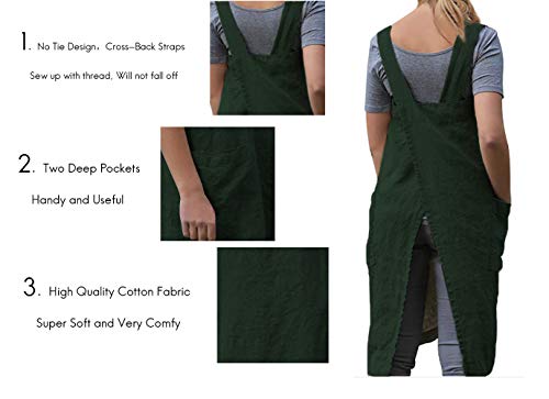 Women's Pinafore Square Apron Baking Cooking Gardening Works Cross Back Cotton (X-Large / Y-dark Green)