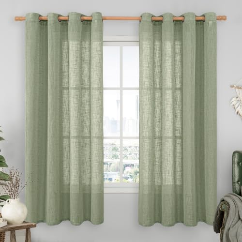Sage Green Linen Sheer Curtains 68 Inches Long for Bedroom 2 Panels (52"W x 68"L (Pack of 2) / Sage Green)
