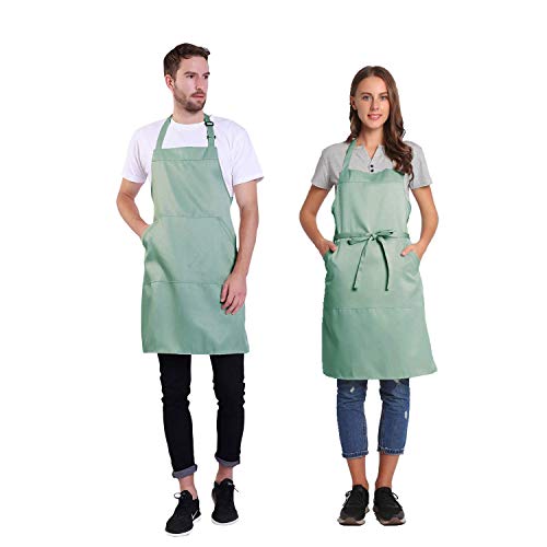 Adjustable Bib Apron with Pocket Extra Long Ties for Women Men (Gossamer Green)