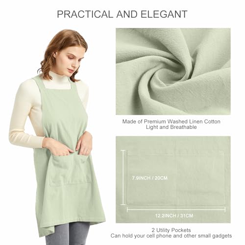 Aprons for Women with Pockets Plus Size Comfort Cross Back No Tie Cotton Linen Apron Pinafore (Lightgreen / Small)