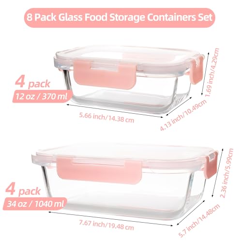 16Pack Glass Meal Prep Containers 8 Bowls with 8 Airtight Pink Lids 2 Sizes (pink)
