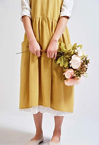Japanese Cotton Cross Back Pinafore Apron for Women with Pockets Yellow (02 - Bright Yellow Without Waist Ties)