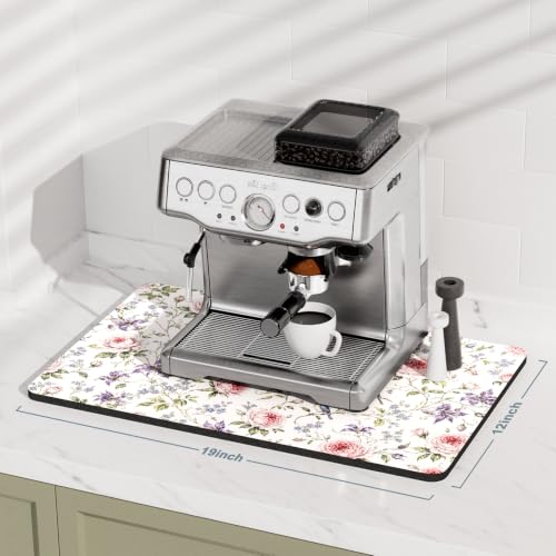 Coffee Mat 12" x 19" Coffee Bar Mats for Espresso Machine Station Accessories and Organizer (Watercolor Pink Rose / 12" x 19")