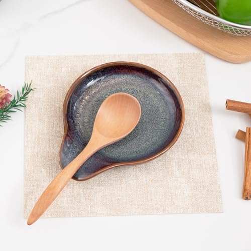 Farmhouse Ceramic Spoon Rests Holder (Caramel Brown-Flat Interior)