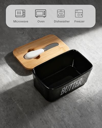 Butter Dish Ceramic with Lid and Knife for Countertop (Black)