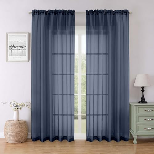 Navy Blue Sheer Curtains for Living Room Decor 84 Inches Long 2 Pcs (Navy Blue / 59"W x 84"L (Pack of 2))