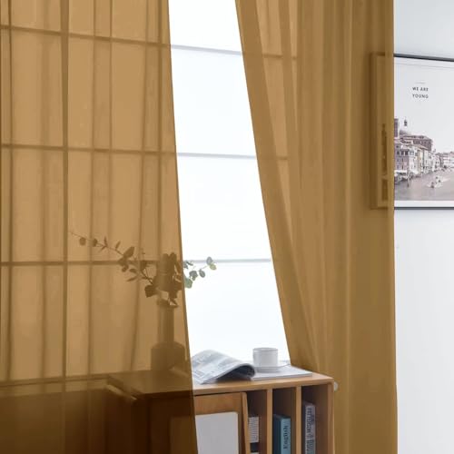 Basic Rod Pocket Sheer Voile Window Curtain Panels Light Brown 1 Pair 2 Panels 52 Width 96 Inch Long for Kitchen Bedroom Children Living Room Yard（Light Brown (Light Brown / 52"W x 96"L (Pack of 2))
