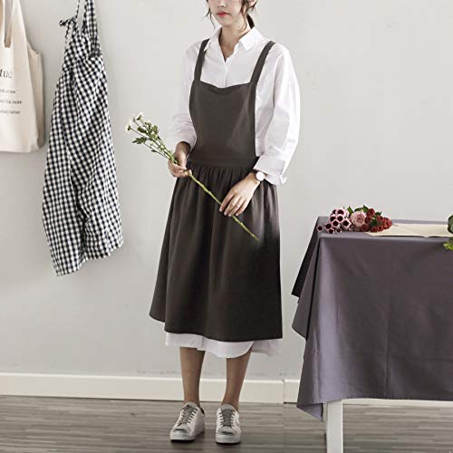 Women Girls Vintage Apron Adjustable Gardening Works Cross Back Cotton (Grey / One Size)