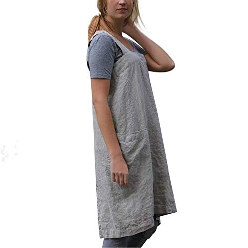 Cotton Linen Apron for women Cross Back Apron Pinafore Dress for Baking Cooking Gardening Work (Brown / Small)
