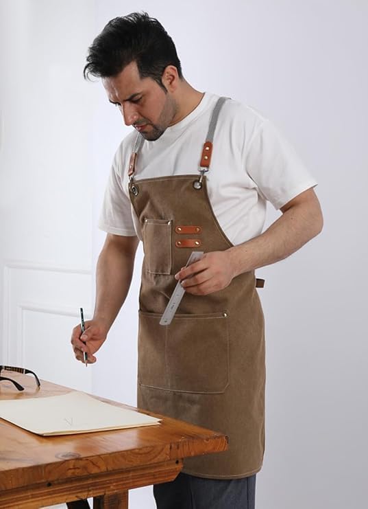 Chef Apron Bib Apron with 2 Large Pockets Adjustable Neck Strap Kitchen Apron Cooking Apron Stripes Baking Apron (Brown)
