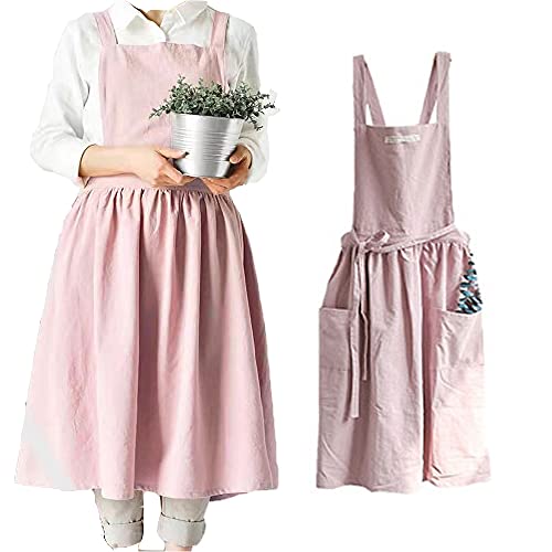 Cotton and linen Kitchen Cooking Aprons Dress for Women with Pockets Cute for Baking Painting Gardening Cleaning (Pink Apron)