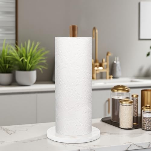 Acacia Wood Paper Towel Holder with Marble Base (Round Base / White)