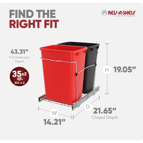 RV-18KD-1618C-S Double Pullout Trash Can for Kitchen Cabinets 35 Qt Garbage Recycling Bin on Full Extension Slides, Red/Black (Red & Black)