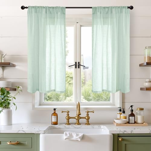 Sage Green Linen Curtains 40 Inch Length for Short Kitchen Cafe Windows (Sage Green / 30"W x 40"L (Pack of 2))