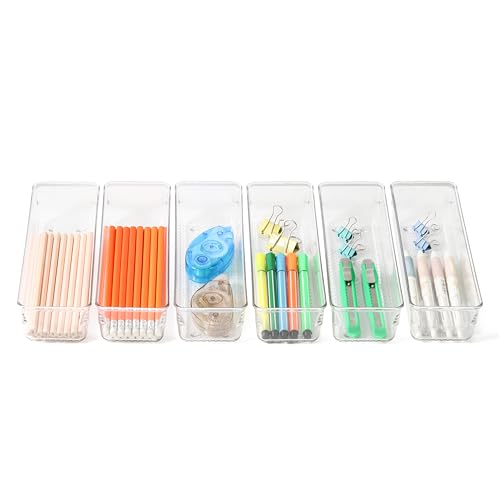 6 Set Clear Plastic Junk Drawer Organizer Vanity Curlery Utensil Makeups Organizer for Kitchen 9''X 3'' (6 Pack 9"x3" Clear Plastic)