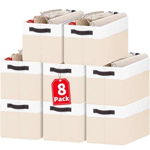 8 Pack Large Storage Basket (8pcs - Rectangular 14"x10"x9.5" / White with Beige)