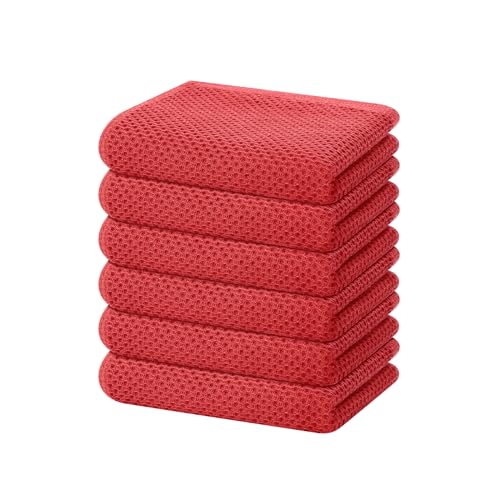 100% Cotton Waffle Weave Kitchen Dish Towels 6 (Brick Red / 13 X 28 - 6 Pack)