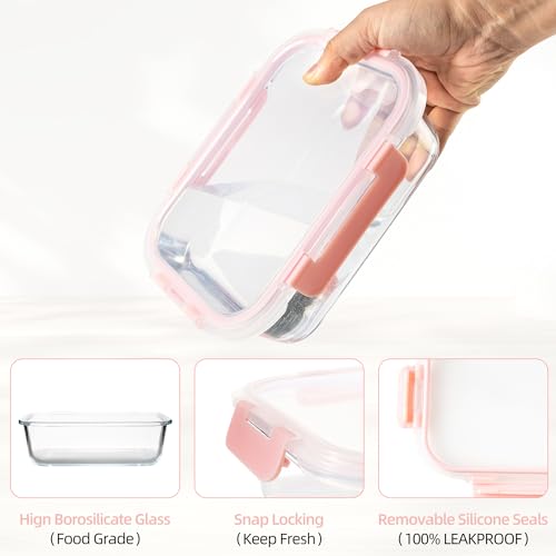 16Pack Glass Meal Prep Containers 8 Bowls with 8 Airtight Pink Lids 2 Sizes (pink)