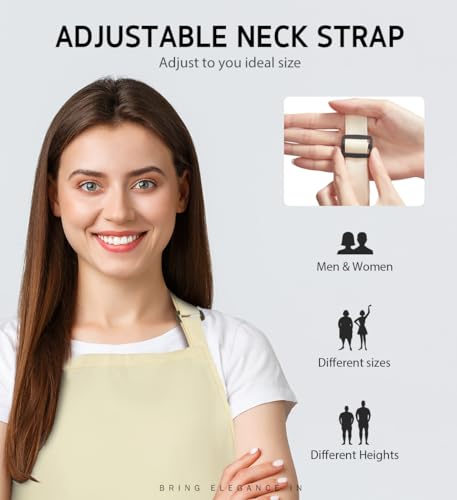 2 Pack Adjustable Bib Apron Waterdrop Resistant with 2 Pockets Cooking Kitchen Aprons for Women Men Chef (Cream / 2 Polyester)