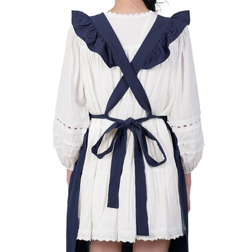 Vintage Aprons for Women with Pockets Cute Lace Ruffle Adjustable Apron for Cooking Kitchen Baking Gardening (Navy Blue)