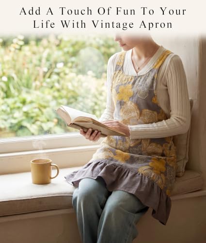Vintage Aprons for Women with Pockets Cute Pinafore Apron Dress for Kitchen Cooking Baking Gardening (Floral Yellow)