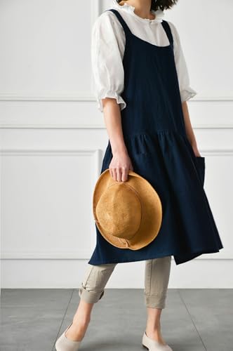 Japanese Cotton Cross Back Pinafore Apron for Women with Pockets Navy (12 - Navy Blue With Waist Ties)
