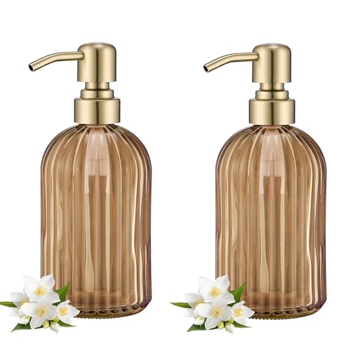16 OZ Amber Glass Soap Dispenser (Brushed Gold + Amber / 2-Pack)